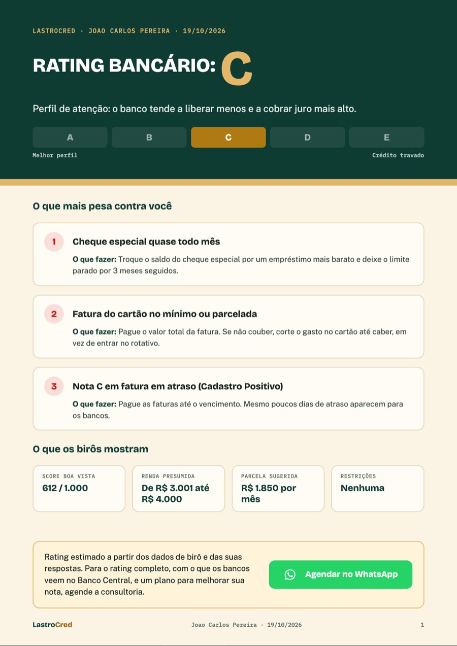 Página de um Rating Bancário de exemplo, com a nota C e os 3 pontos que mais pesam